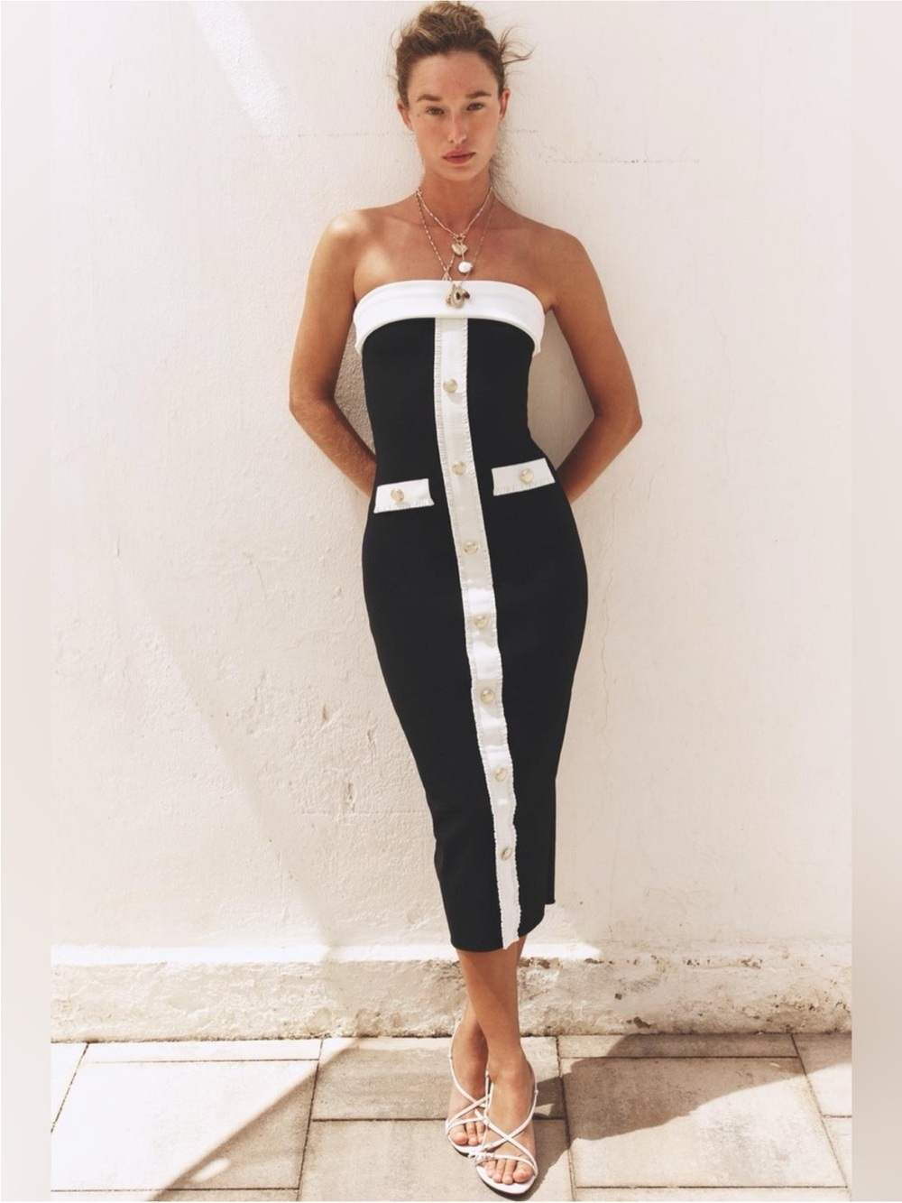 NWT. Zara Black/White Strapless Stretchy Sculpt Bandeau Midi Dress. Size L. - Picture 3 of 16